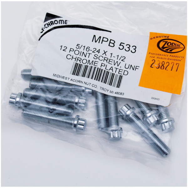 CHROME PLATED 12 POINT BOLT ASSORTMENT TRAY 10pck 12-point screw 5/16-24x1 1/2", UNF