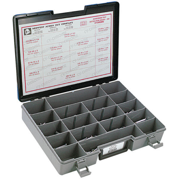ASSORTMENT TRAY OF CHROME PLATED LARGER BUTTON HEAD ALLEN SCREWS Assortm. Tray Larger button head screws