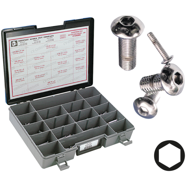 ASSORTMENT TRAY OF CHROME PLATED LARGER BUTTON HEAD ALLEN SCREWS 5pck Button head screws 5/16-18x1 1/4"