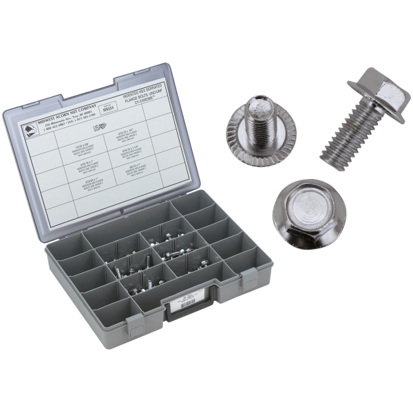 CHROME PLATED INDENTED HEX SERRATED FLANGE BOLTS ASSORTMENT Assortment tray indent hex serrated