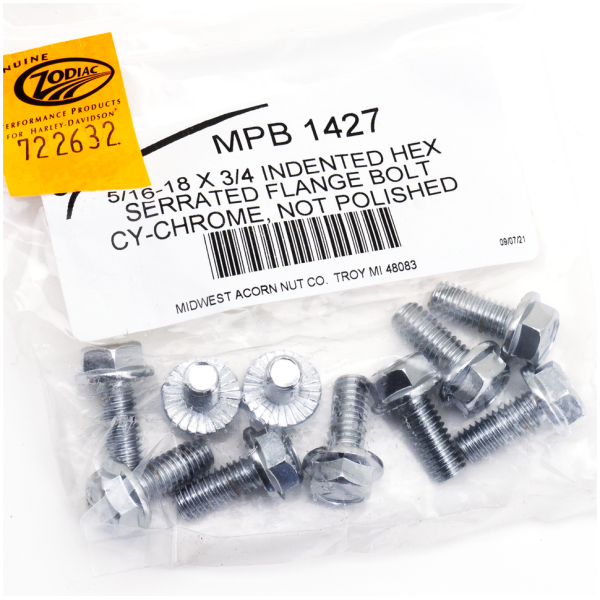 CHROME PLATED INDENTED HEX SERRATED FLANGE BOLTS ASSORTMENT 10Pck Ind. Hex Serr. Flange 5/16-18x3/4"