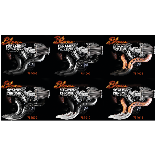 BLOW PERFORMANCE EXHAUSTS FOR EVOLUTION BIG TWIN & TWIN CAM Blow black pipes copper shields BT84-17