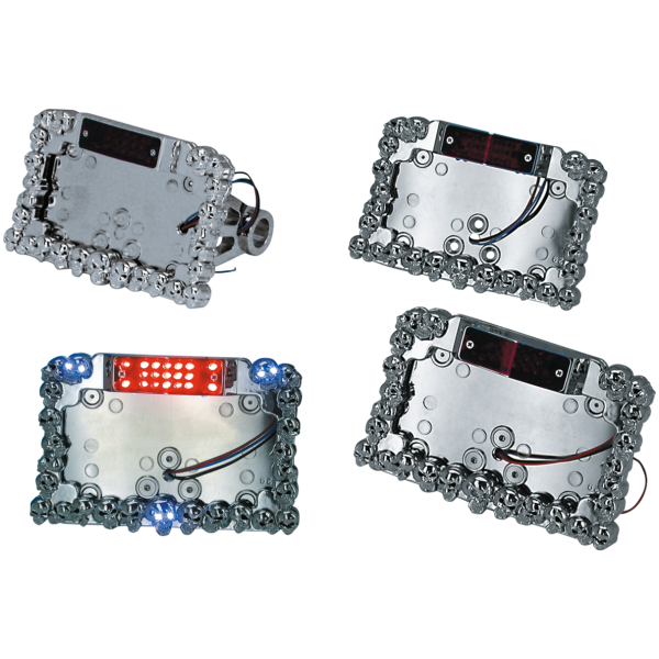 SKULL MANIAC LICENSE PLATE BRACKETS WITH LED TAILLIGHTS GZP Licenceplate LED chr/w skulls side m