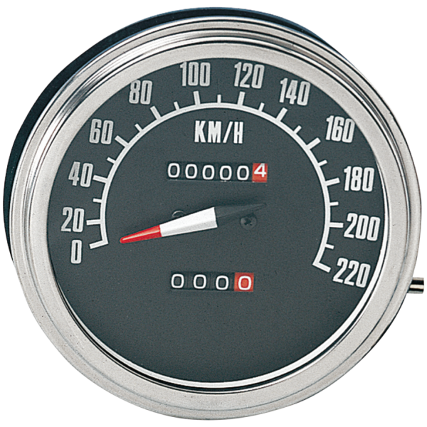 Speedo KPH, late style black face,  1:1 ratio KM/H 5/8" nut