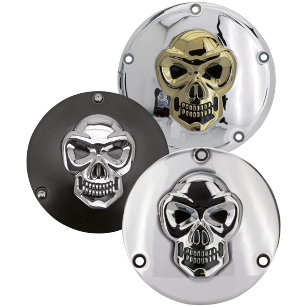 SKULLED ALUMINUM DERBY COVERS GZP Skull derby cover chr/gold alu 3-hol