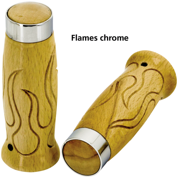 CARPENTERS WOODEN HANDLEBAR GRIPS Flames style wooden grips chrome band