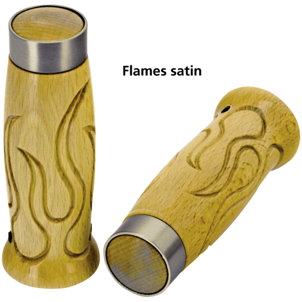CARPENTERS WOODEN HANDLEBAR GRIPS Flames style wooden grips satin chr band