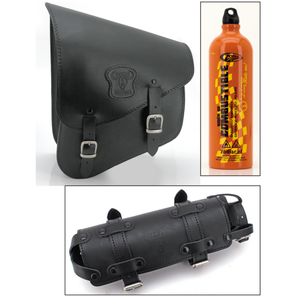 TEXAS LEATHER SOFTAIL SWING ARM BAGS T-Lther Softail 5.5l bag w/fuelcan 84-17