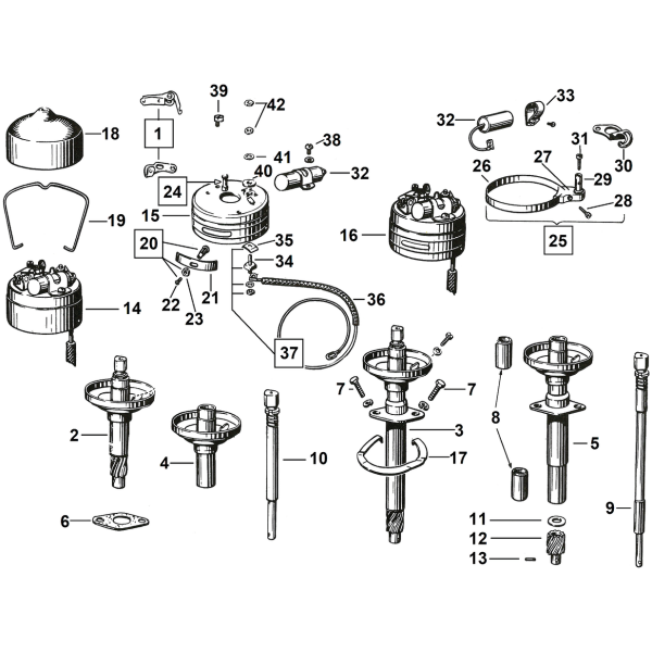 IGNITION CICRUIT BREAKER AND DISTRIBUTOR PARTS FOR 1930-1969 MODELS
