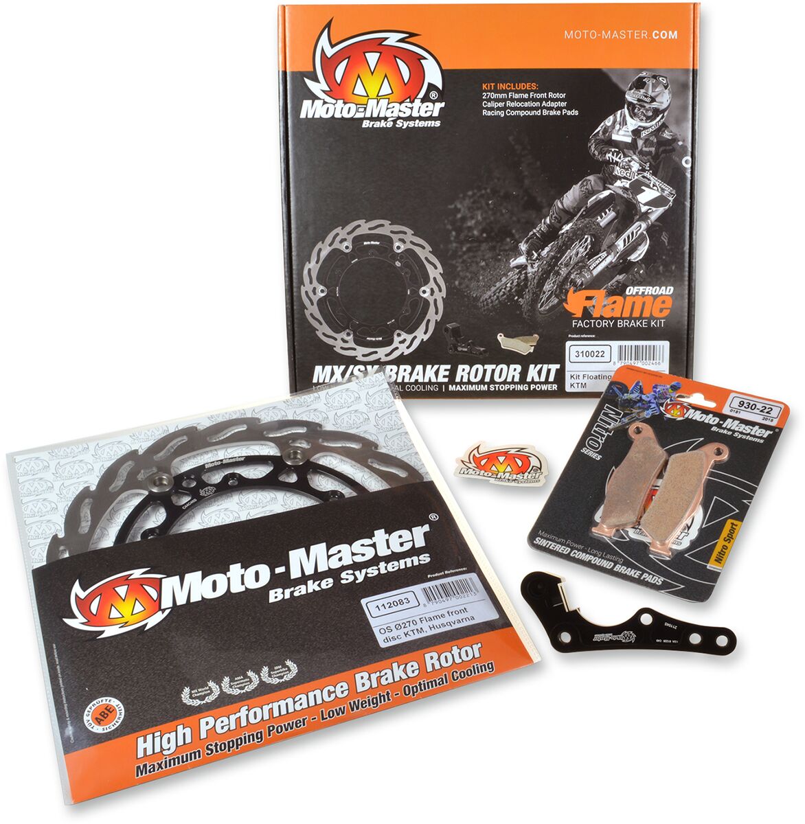 BRAKE KIT FLAME FLOATING DISC 270 MM, BRAKE PADS, RELOCATE BRACKET - MOTO-MASTER