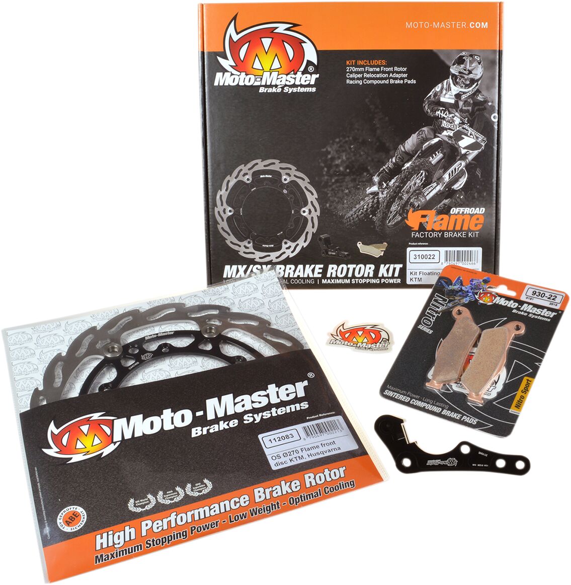 BRAKE KIT FLAME FLOATING ROTOR 270 MM, BRAKE PADS, RELOCATE BRACKET - MOTO-MASTER
