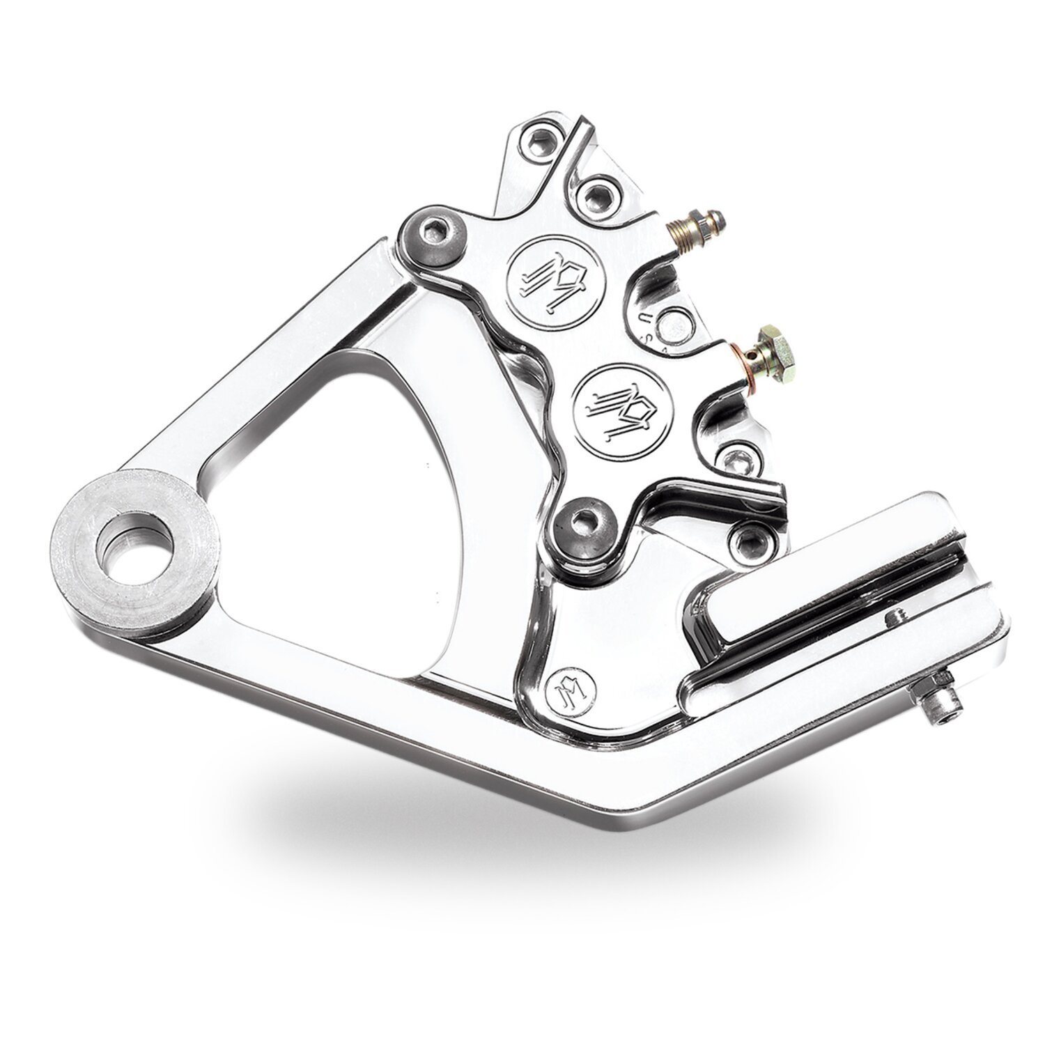 PM, 4-piston one-piece caliper/bracket, rear. Chrome 87-99 Softail with stock tire (NU)