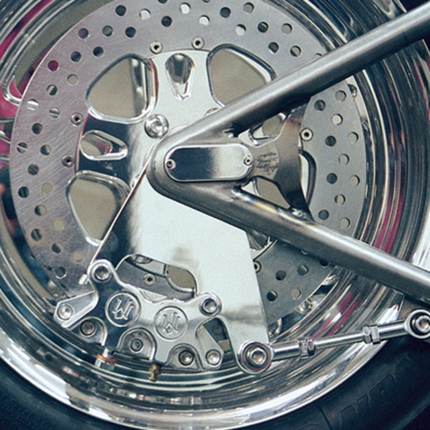 PM, rear 4-p caliper bracket, 11.5". Polished Universal with 11.5" rotor and 3/4" axle