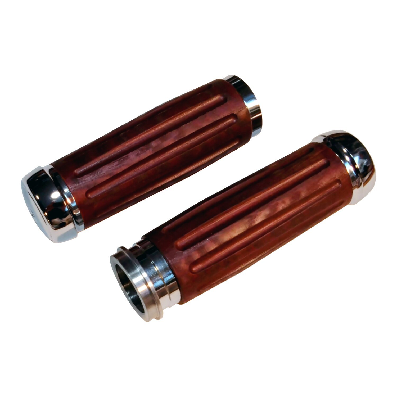 Riverside, Bakelite® retro handlebar grip set. Chrome 08-25 H-D with e-throttle (excl. 2025 Softail; 11-17 Softail CVO models; 23-25